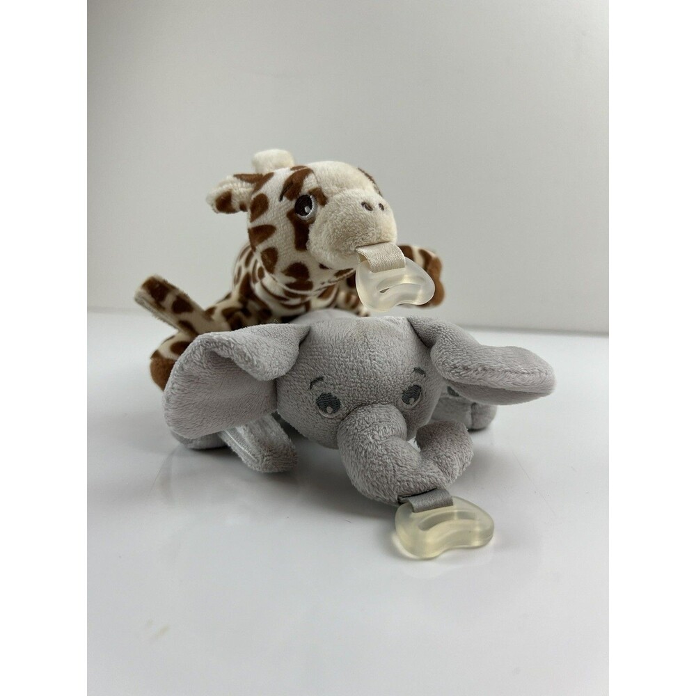 2 Philips Avent Soothie Snuggle Pacifier Holder Gray Elephant Giraffe Plush Toy